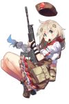 1girl absurdres ahoge ammunition_pouch ankle_boots assault_rifle bangs bent_knees beret blonde_hair blue_eyes blush boots braid braided_ponytail breasts brown_footwear brown_hair brown_skirt chocolate closed_mouth eating electriccross eyebrows_visible_through_hair fn_fnc fn_fnc_(girls_frontline) food_in_mouth girls_frontline gun hair_between_eyes hair_ornament hair_ribbon hat hat_removed headwear_removed highres holding holding_gun holding_weapon long_hair looking_at_viewer pouch red_scarf ribbon rifle scarf shoes sidelocks simple_background single_braid skirt sleeves_folded_up smile solo thighs trigger_discipline very_long_hair weapon white_background 