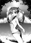  1girl ass bangs beach bikini breasts clouds cloudy_sky cowboy_shot day eyebrows_visible_through_hair girls_und_panzer greyscale hair_ribbon kadotani_anzu long_hair looking_at_viewer monochrome nakasone_haiji ocean open_mouth outdoors parted_bangs ribbon sky small_breasts smile solo standing striped striped_bikini swimsuit tree twintails untied untied_bikini wading wet 
