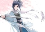  1boy absurdres blue_eyes blue_hair cherry_blossoms closed_mouth commentary_request highres holding holding_sword holding_weapon japanese_clothes katana long_sleeves looking_at_viewer ponytail romiy sash scabbard scarf sheath solo standing sword touken_ranbu unsheathed weapon white_scarf wide_sleeves yamato-no-kami_yasusada 