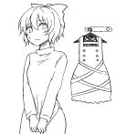  1girl bangs blush bow closed_mouth clothes_hanger clothes_tug cowboy_shot eyebrows_visible_through_hair greyscale hair_between_eyes hair_bow kurodani_yamame long_sleeves miyo_(ranthath) monochrome no_pants short_hair simple_background solo sweat touhou white_background 