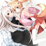  2girls animal_ears arm_up bare_back bell black_dress blonde_hair blue_eyes cat_ears commentary_request detached_sleeves dress fox_ears fox_tail from_behind hair_ornament hairclip japanese_clothes jingle_bell kemomimi_vr_channel long_hair looking_back mikoko_(kemomimi_vr_channel) multiple_girls nora_cat nora_cat_channel pink_shirt red_eyes red_skirt ribbon shirt skirt smile tail thigh-highs v virtual_youtuber white_hair white_legwear yagi-san_(wintersky) 
