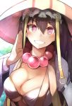  1girl bead_necklace beads bikini_top blush breasts brown_hair cleavage eyebrows_visible_through_hair fate/grand_order fate_(series) grin hair_between_eyes hat headpiece highres himuka_(523) ichimegasa jewelry large_breasts long_hair long_sleeves looking_at_viewer necklace prayer_beads ribbon-trimmed_sleeves ribbon_trim smile solo under_boob upper_body violet_eyes white_bikini_top wide_sleeves xuanzang_(fate/grand_order) 