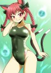  1girl animal_ears bow braid breasts cat_ears cat_tail competition_swimsuit d-m_(dii_emu) extra_ears green_background green_swimsuit hair_bow highres hitodama kaenbyou_rin looking_at_viewer medium_breasts nekomata one-piece_swimsuit pointy_ears red_eyes redhead skull smile solo swimsuit tail touhou twin_braids 