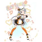  1girl ;d black_skirt brown_eyes character_name floating_hair frilled_skirt frills grin hair_ribbon hat heat holding holding_microphone idol leaning_forward long_hair looking_at_viewer microphone miniskirt one_eye_closed open_mouth orange_legwear orange_ribbon pointy_ears ribbon seven_(sao) shoes silver_hair simple_background skirt sleeveless smile solo sword_art_online thigh-highs very_long_hair white_background white_hat wrist_cuffs 