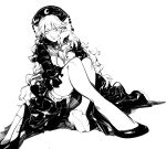  1girl bangs crescent curly_hair dress feet greyscale hand_up hat high_heels highres junko_(touhou) knees_up long_hair monochrome ribbon ruukii_drift shoes side_glance simple_background single_shoe sitting solo tabard tassel thigh-highs touhou white_background 