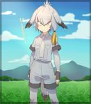  1girl bird_tail bird_wings blonde_hair bodysuit_under_clothes breast_pocket check_translation clouds collared_shirt commentary_request cowboy_shot eguegukun eyebrows_visible_through_hair fingerless_gloves gloves grass grey_hair hair_tie head_wings highres kemono_friends mountain multicolored_hair necktie pocket shirt shoebill_(kemono_friends) short_hair short_sleeves shorts sky solo translation_request wings yellow_eyes 