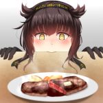  1girl @_@ anchor_print anchor_symbol black_gloves black_hair clothes_writing commentary_request food gloves hachimaki hair_flaps hairband hatsuzuki_(kantai_collection) headband highres kantai_collection nuka_(nvkka) plate short_hair solo steam yellow_eyes 