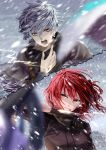  1boy 1girl blizzard chef_no_kimagure_salad command_spell fate/grand_order fate_(series) fujimaru_ritsuka_(female) gloves kadoc_zemlupus open_mouth red_eyes redhead shawl silver_hair yellow_eyes 