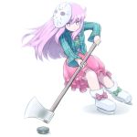  1girl axe bow_footwear buttons commentary expressionless friday_the_13th hata_no_kokoro hockey_puck ice_skates jitome long_hair mask mask_on_head pink_eyes pink_hair pink_skirt plaid plaid_shirt shirosato shirt simple_background skates skirt solo touhou white_background 