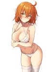  1girl 3: absurdres ahoge blush bra breast_hold breasts cleavage cowboy_shot criss-cross_halter crossed_arms ears embarrassed eyebrows_visible_through_hair fate/grand_order fate_(series) fujimaru_ritsuka_(female) hair_between_eyes halterneck highres icarus_(artist) large_breasts leaning_forward looking_at_viewer medium_hair navel orange_hair panties simple_background solo thigh-highs underwear underwear_only white_background white_bra white_legwear white_panties yellow_eyes 