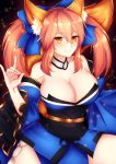  1girl animal_ears blue_kimono blush breasts cleavage detached_sleeves fate/grand_order fate_(series) fox_ears fox_shadow_puppet fox_tail highres japanese_clothes kimono kuro_kitsune large_breasts orange_eyes pink_hair solo tail tamamo_(fate)_(all) tamamo_no_mae_(fate) twintails 