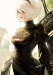  1girl absurdres black_dress blindfold covered_eyes dress hairband highres juliet_sleeves long_sleeves mole mole_under_eye nier_(series) nier_automata parted_lips puffy_sleeves romiy short_hair solo standing sword weapon white_hair yorha_no._2_type_b 