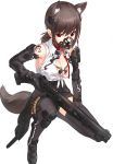  1girl animal_ears bangs black_legwear breasts brown_hair cleavage commentary_request copyright_request elbow_gloves eyebrows_visible_through_hair gloves gun headgear holding holding_gun holding_weapon kfr looking_at_viewer medium_breasts muzzle one_knee red_eyes shirt shotgun simple_background sleeveless solo tail thigh-highs tied_shirt weapon white_background white_shirt 