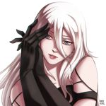  1girl artist_name bare_shoulders black_gloves black_tank_top blue_eyes elbow_gloves gloves hair_between_eyes long_hair looking_at_viewer mole mole_under_mouth nickymilky nier_(series) nier_automata own_hands_together silver_hair simple_background solo torn_tank_top upper_body white_background yorha_type_a_no._2 