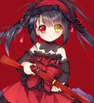  1girl asymmetrical_hair bangs black_hair blush closed_mouth date_a_live detached_sleeves dress eyebrows_visible_through_hair frilled_hairband gothic_lolita gun hair_between_eyes hairband heterochromia holding holding_gun holding_weapon lolita_fashion lolita_hairband long_sleeves looking_at_viewer red_background red_dress red_eyes red_hairband rifle simple_background solo strapless strapless_dress tengxiang_lingnai tokisaki_kurumi twintails uneven_twintails v-shaped_eyebrows weapon weapon_request yellow_eyes 