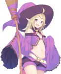  1girl :d ahoge bangs bare_shoulders belt belt_buckle blonde_hair blush bow bra bra_peek breasts brooch broom broom_ribbon buckle buttons circlet commentary_request cowboy_shot crop_top eyebrows_visible_through_hair fire_emblem fire_emblem:_kakusei fire_emblem_heroes halloween_costume hands_up hat heart heart_buckle highres holding holding_broom ihara_asta jewelry long_hair long_sleeves looking_at_viewer mamkute navel no_bra nowi_(fire_emblem) off_shoulder open_mouth parted_bangs pink_bow pointy_ears purple_bra purple_hat purple_ribbon purple_shorts revealing_clothes ribbon round_teeth shiny shiny_hair short_shorts shorts sidelocks simple_background sleeves_past_fingers small_breasts smile solo standing stomach tareme teeth thighs underwear violet_eyes w_arms white_background white_belt wide_sleeves witch witch_hat 