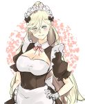  1girl alternate_costume alternate_hairstyle apron bangs breasts commentary_request eyebrows_visible_through_hair hair_between_eyes highres kantai_collection long_hair looking_at_viewer maid maid_apron maid_headdress mochizou richelieu_(kantai_collection) simple_background smile solo 