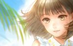  1girl blue_sky brown_eyes brown_hair clouds cloudy_sky commentary_request day dress eyebrows_visible_through_hair looking_at_viewer original outdoors palm_tree parted_lips romiy short_hair sky solo tree white_dress 