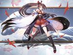  1girl aiguillette aircraft airplane armpits azur_lane bangs bare_shoulders black_legwear blush breasts brown_hair cleavage dress eyebrows_visible_through_hair floating_hair full_body hair_ornament hood hood_down iaidou japanese_clothes kaze_no_gyouja kneehighs large_breasts long_hair looking_at_viewer obi petals ponytail ribbon rigging rudder_shoes sash skindentation skirt smile solo standing sword tassel thigh_strap very_long_hair weapon wide_sleeves wind wind_lift zuikaku_(azur_lane) 