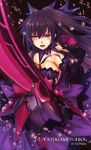  1girl artist_name black_gloves breasts character_name cleavage cleavage_cutout date_a_live dress elbow_gloves gloves hair_ribbon holding holding_sword holding_weapon kyoraku_(weng3133) long_hair looking_at_viewer medium_breasts open_mouth petals purple_dress purple_hair ribbon solo sword violet_eyes weapon yatogami_tooka yatogami_tooka_(true_form) 