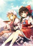  2girls ascot bare_legs black_hair blonde_hair blue_neckwear blue_sky bottle bow cherry_blossoms clouds cup day detached_sleeves dress gap hair_between_eyes hair_bow hair_tubes hakurei_reimu hat hat_ribbon holding long_hair long_sleeves looking_at_viewer mob_cap multiple_girls open_mouth outdoors red_bow red_eyes red_ribbon red_skirt ribbon ribbon-trimmed_sleeves ribbon_trim rooftop sakazuki sarashi shinoba sidelocks sitting skirt skirt_set sky smile socks spring_(season) tabard touhou vest white_dress white_hat white_legwear wind yakumo_yukari 