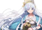  1girl anastasia_(fate/grand_order) bangs blue_eyes breasts cape collarbone crown doll dress eyebrows_visible_through_hair eyes_visible_through_hair fate_(series) flower hair_over_one_eye hairband holding holding_doll jehyun jewelry long_hair looking_at_viewer mini_crown necklace royal_robe shiny shiny_clothes silver_hair simple_background single_earring small_breasts solo very_long_hair white_background white_dress white_flower 