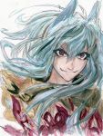  1boy absurdres animal_ears blue_hair cape commentary_request fangs hair_between_eyes highres long_hair looking_at_viewer male_focus minarai_tenna original red_eyes smile solo torn_clothes traditional_media upper_body v-shaped_eyebrows wolf_ears 