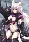  1girl agrius_metamorphosis ahoge animal_ears atalanta_(alter)_(fate) bangs belt_collar black_collar black_panties braid breasts chains claws clouds day eyebrows_visible_through_hair fang fate/grand_order fate_(series) floating_hair french_braid fur gradient_hair green_eyes grey_sky groin hair_between_eyes hand_up highres long_hair looking_at_another looking_at_viewer multicolored_hair navel open_mouth outdoors pale_skin panties pink_hair shiguru shiny shiny_hair sidelocks silver_hair slit_pupils small_breasts snowing stalagmite standing stomach tail tsurime underwear very_long_hair white_hair wind yellow_sclera 