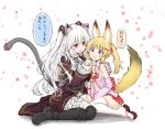  2girls animal_ears bell black_dress blonde_hair cat_ears cat_tail cup detached_sleeves dress drinking_glass fox_ears fox_tail hair_ornament hairclip hakama_skirt hand_on_another&#039;s_shoulder japanese_clothes jingle_bell kemomimi_vr_channel long_hair mikoko_(kemomimi_vr_channel) miniskirt multiple_girls navel nora_cat nora_cat_channel open_clothes open_mouth open_shirt pink_shirt red_eyes red_skirt ribbon sandals shirt sitting skirt smile tail tatsuhiko thigh-highs translation_request twintails two_side_up virtual_youtuber white_hair white_legwear 