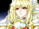  1girl armor blonde_hair breastplate closed_mouth commentary_request eyebrows_visible_through_hair eyelashes frown highres minarai_tenna original pauldrons plate_armor red_eyes solo v-shaped_eyebrows 