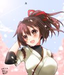  0yukiya0 1girl aircraft airplane brown_eyes brown_hair cherry_blossoms condensation_trail dated hair_ribbon highres ise_(kantai_collection) kantai_collection open_mouth petals ponytail ribbon short_hair signature sky smile solo undershirt upper_body 