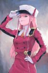  1girl arm_up bangs blunt_bangs breasts darling_in_the_franxx double-breasted dress eyebrows_visible_through_hair eyeshadow gloves gradient gradient_background green_eyes grin hand_on_headwear hand_on_hip hat long_hair long_sleeves looking_at_viewer makeup medium_breasts military military_uniform mouth_hold parted_lips peaked_cap pink_hair quentin_lecuiller red_dress sidelocks smile solo standing straight_hair tsurime uniform upper_body very_long_hair white_gloves white_hat zero_two_(darling_in_the_franxx) 