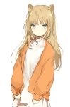 1girl animal_ears blonde_hair blue_eyes blush cardigan closed_mouth dress expressionless eyebrows_visible_through_hair logo long_hair long_sleeves looking_at_viewer lpip original simple_background solo white_background white_dress 
