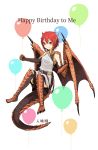  1girl animal_ears balloon barefoot belt claws closed_mouth commentary_request dragon_ears dragon_girl dragon_tail dragon_wings english happy_birthday highres hitokuirou holding looking_at_viewer monster_girl original red_eyes redhead robe scales short_hair signature sleeveless smile solo solo_vivace_(hitokuirou) tail wings 