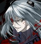  1other absurdres alternate_color ambiguous_gender bangs blood blood_on_face blood_splatter bodysuit commentary_request eye_socket eyebrows_visible_through_hair grey_hair grin hair_between_eyes highres long_hair looking_at_viewer minarai_tenna original sanpaku scar scar_across_eye smile smirk solo upper_body yellow_eyes 