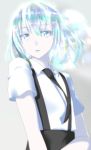  1other absurdres androgynous bangs black_neckwear black_shorts blue_eyes blue_hair collared_shirt diamond_(houseki_no_kuni) eyebrows_visible_through_hair grey_background hair_between_eyes highres houseki_no_kuni looking_at_viewer minarai_tenna necktie parted_lips shiny shiny_hair shirt short_hair short_sleeves shorts simple_background solo sparkle standing suspender_shorts suspenders upper_body white_shirt wing_collar 