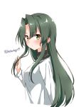  1girl black_sweater commentary_request green_eyes green_hair hair_down hair_intakes holding holding_hair hoshino_kagari kantai_collection long_hair looking_at_viewer shirt simple_background solo sweater twitter_username upper_body white_background white_shirt zuikaku_(kantai_collection) 