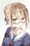  1girl ahoge artoria_pendragon_(all) brown_eyes commentary_request fate/grand_order fate_(series) food glasses gradient gradient_background hair_bun highres light_brown_hair looking_at_viewer mouth_hold mysterious_heroine_x_(alter) pocky school_uniform serafuku simple_background solo sunoril 