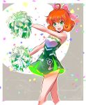  1girl :d ahoge bare_arms bare_shoulders blush bow cheerleader confetti cropped_legs curly_hair dress eyebrows_visible_through_hair freckles green_dress green_eyes hair_bow highres holding iesupa looking_at_viewer open_mouth orange_hair outdoors penny_polendina pink_bow pom_poms rwby shiny shiny_hair short_hair smile solo standing tareme thighs two-tone_background 