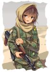  1girl :d akm assault_rifle badge brown_hair camouflage cowboy_shot desert gun hair_between_eyes head_scarf highres holding holding_gun holding_weapon insignia longmei_er_de_tuzi looking_at_viewer military military_uniform open_mouth rifle smile solo uniform weapon ypj 