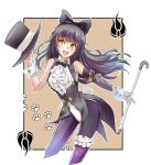  1girl :d bangs bare_shoulders black_bow black_hat black_neckwear blake_belladonna blush bow bowtie center_opening coattails cropped_legs eyebrows_visible_through_hair fang frills hair_bow hat hat_removed head_tilt headwear_removed highres holding holding_hat iesupa leg_garter leotard long_hair long_sleeves looking_at_viewer open_mouth outside_border pantyhose paw_background purple_legwear rwby single_detached_sleeve smile solo tareme top_hat walking_stick white_leotard wrist_cuffs 