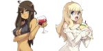  2girls ahoge alcohol bare_arms bare_shoulders blonde_hair blue_eyes breasts brown_hair cleavage commentary crepe dark_skin dress english_commentary fingernails food food_between_breasts glass hair_between_eyes highres holding holding_food large_breasts long_sleeves looking_at_viewer multiple_girls nail_polish pocket_waifu revealing_clothes simple_background sleeves_past_wrists sweater sweater_dress upper_body vins-mousseux white_background white_nails white_sweater wine 