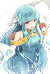  1girl bare_shoulders blue_hair cape dress fire_emblem fire_emblem:_rekka_no_ken fire_emblem_heroes hair_ornament highres long_hair looking_at_viewer mamkute nakabayashi_zun ninian open_mouth red_eyes smile solo 