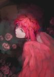  1girl :o animal_ears blue_eyes commentary_request feathers flower from_side harpy head_wings highres looking_at_viewer monster_girl original parted_lips pink_flower pink_rose red_wings redhead romiy rose short_hair solo wings 