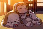  1girl animal animal_costume animal_hood chibi cosplay dog dog_costume dog_hood dusk food fruit holding holding_fruit hood hood_up kigurumi long_sleeves love_live! love_live!_sunshine!! mandarin_orange open_mouth shiitake_(love_live!_sunshine!!) sleeping solo takami_chika tongue u_u usamaru67pi 