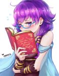  1girl bare_shoulders bespectacled blush book cape commentary dress embarrassed fire_emblem fire_emblem:_seima_no_kouseki glasses gloves highres holding holding_book ippers lute_(fire_emblem) md5_mismatch open_book purple_hair reading short_hair solo twintails violet_eyes wrist_cuffs 