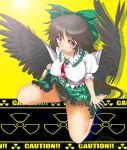  1girl :3 :p ahoge bare_legs barefoot between_breasts bird_wings black_wings bow bow_panties breasts brown_hair cape caution collared_shirt erect_nipples eyebrows_visible_through_hair feathered_wings frilled_shirt frilled_shirt_collar frilled_skirt frills from_above full_body green_bow green_panties green_skirt hair_bow lifted_by_self long_hair looking_at_viewer looking_up nakamura_3sou panties puffy_short_sleeves puffy_sleeves radiation_symbol red_eyes reiuji_utsuho shirt short_sleeves sitting skirt skirt_lift smile solo third_eye tongue tongue_out touhou underwear wariza white_cape white_shirt wing_collar wings 