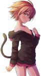  1girl animal_hood black_hoodie cat_hood cat_tail clenched_hand cowboy_shot flat_chest from_side hand_up highres hood hood_down hoshizora_rin long_sleeves love_live! love_live!_school_idol_project orange_hair sen_(sen0910) short_hair simple_background solo tail white_background yellow_eyes 