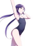  1girl arched_back armpits arms_up black_swimsuit blush closed_mouth collarbone competition_school_swimsuit double_vertical_stripe eyebrows_visible_through_hair flat_chest from_side highres kurosa_kichi long_hair looking_at_viewer looking_to_the_side low_twintails muroto_aki photokano purple_hair shiny shiny_hair sidelocks simple_background smile solo swimsuit thighs twintails violet_eyes white_background 