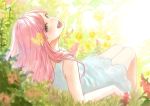  1girl :d absurdres bare_shoulders blue_eyes dress flower grass hair_flower hair_ornament highres legs_together long_hair looking_at_viewer looking_back open_mouth original pink_hair reclining romiy sitting smile solo white_dress 